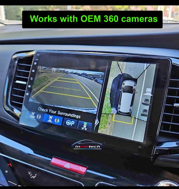 An in-dash car stereo system displaying a bird's eye view of the vehicle's surroundings using 360 cameras, with a label stating 'Works with OEM 360 cameras'.