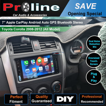 7-inch Apple CarPlay Android Auto GPS Bluetooth Stereo for Toyota Corolla 2008-2012 models, with icons indicating key features such as dual noise reduction, oversized touch screen, and plug & play installation.
