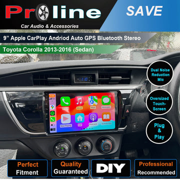 9-inch Apple CarPlay Android Auto GPS Bluetooth Stereo for Toyota Corolla 2013-2016 (Sedan), with icons indicating key features such as dual noise reduction, oversized touch screen, and plug & play installation.