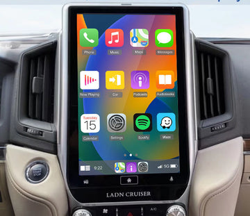 A 14.6 inch vertical screen GPS interface upgrade for Toyota Landcruiser displayed inside a vehicle's dashboard.