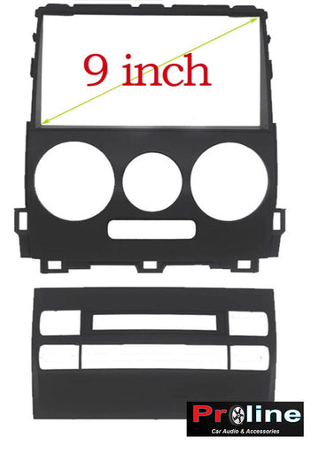 A black dashboard facia kit for a Toyota Prado, indicating a 9 inch screen size, with mounting brackets and no visible brand marking.