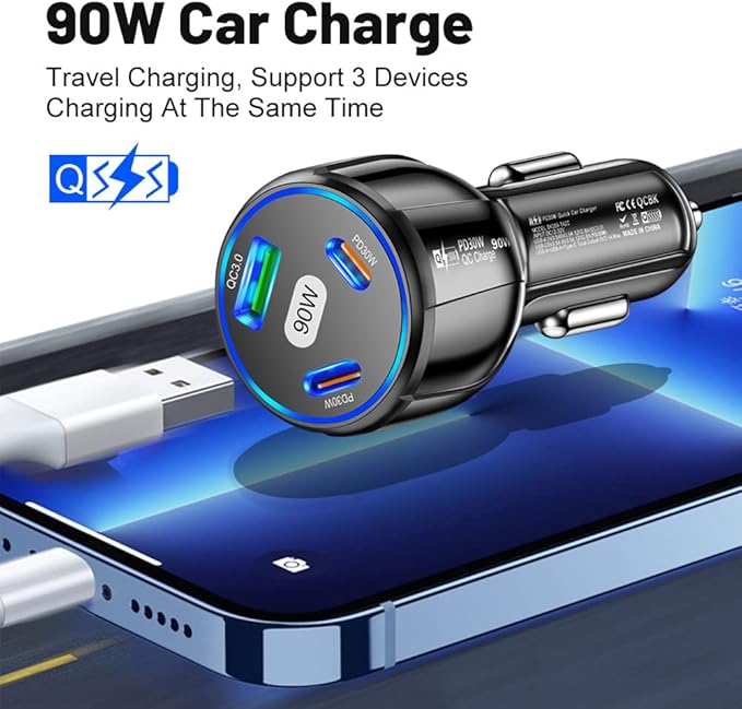 90W Super Fast Charging 1 USB Dual Type-C Car Charger