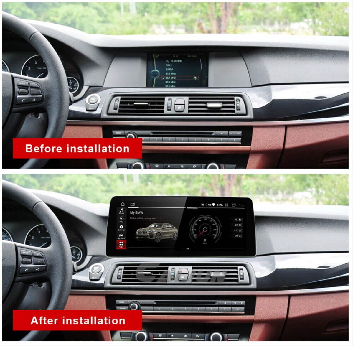 BMW 5 Series 2011-2017 (F10 F11) 12.3 inch touchscreen aftermarket screen upgrade Car stereo wireless CarPlay and wireless Android Auto