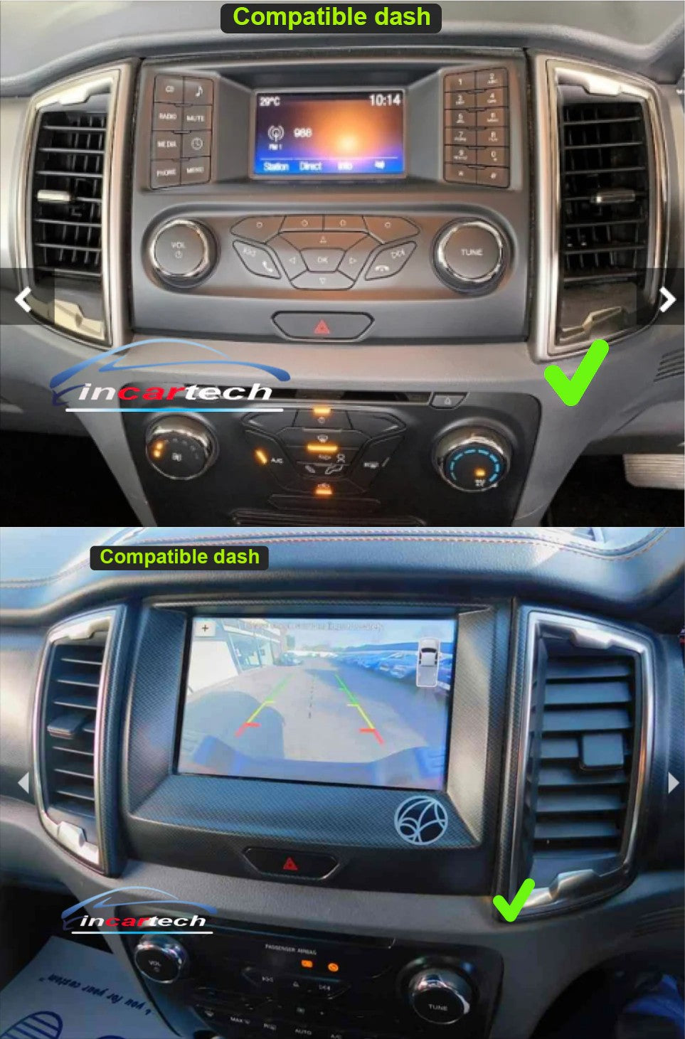 Two views of a car dashboard with a compatible dash and incartech branding.