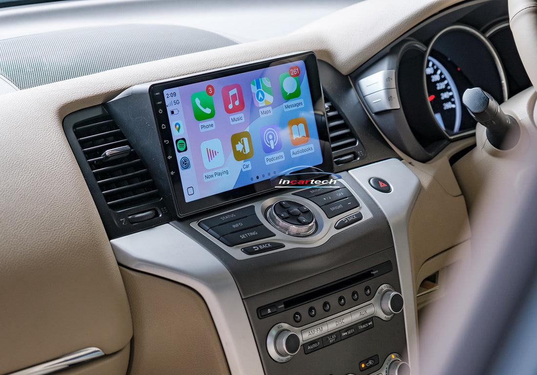 Car dashboard with a touchscreen display showing app icons, branded 'IncarTech'.