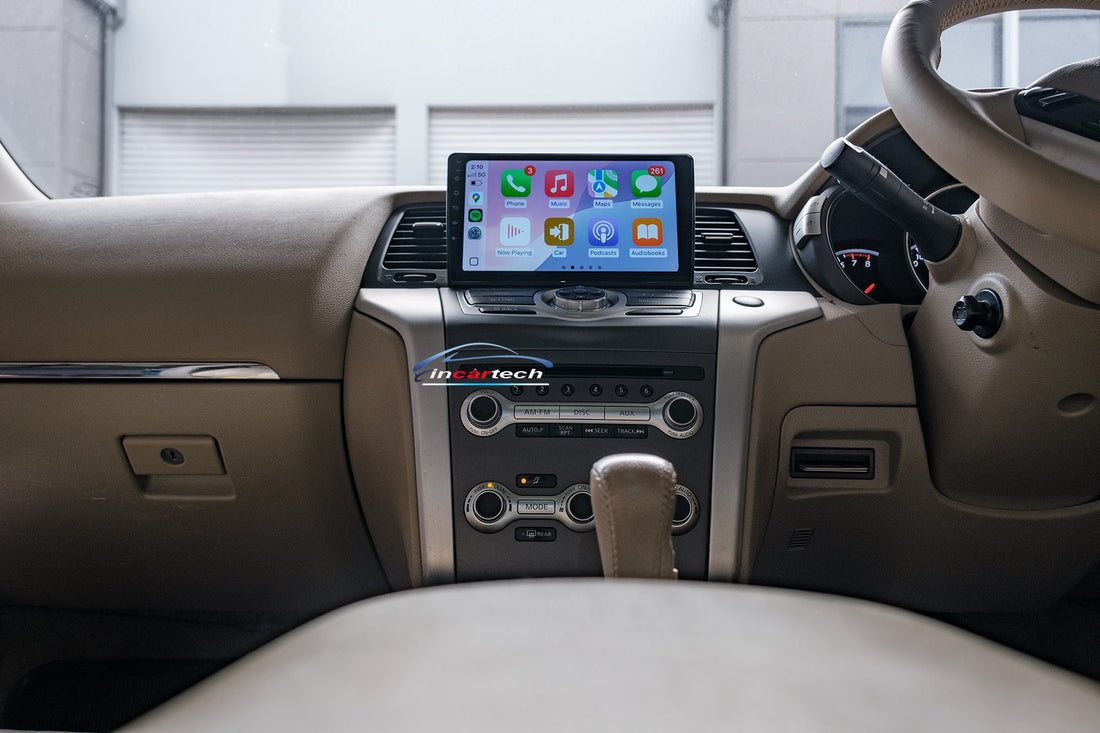 Car dashboard with a touchscreen display showing app icons, branded 'IncarTech'.