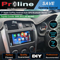 7-inch Apple CarPlay Android Auto GPS Bluetooth Stereo for Toyota Corolla 2008-2012 models, with icons indicating key features such as dual noise reduction, oversized touch screen, and plug & play installation.