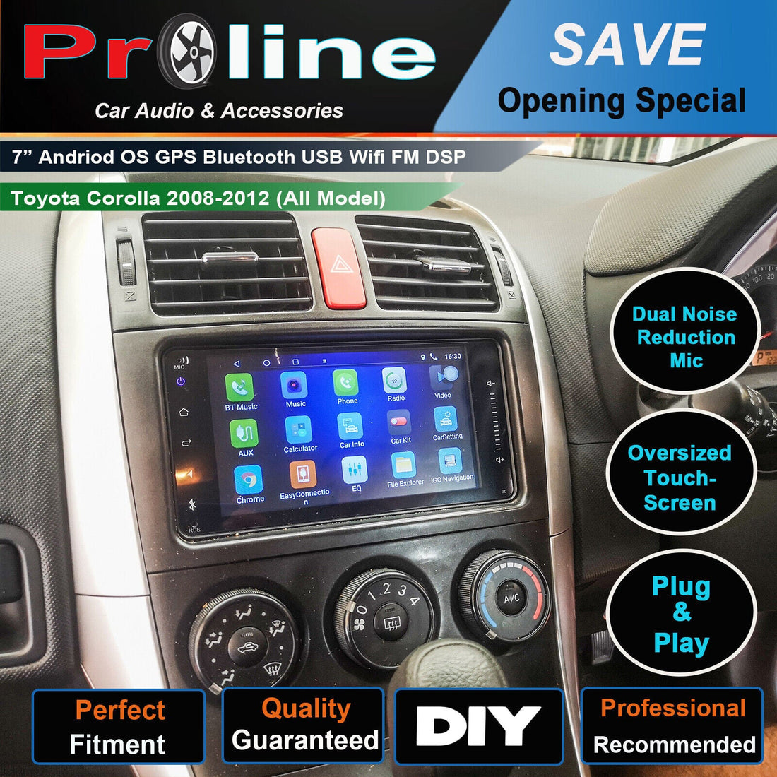 7-inch Apple CarPlay Android Auto GPS Bluetooth Stereo for Toyota Corolla 2008-2012 models, with icons indicating key features such as dual noise reduction, oversized touch screen, and plug & play installation.