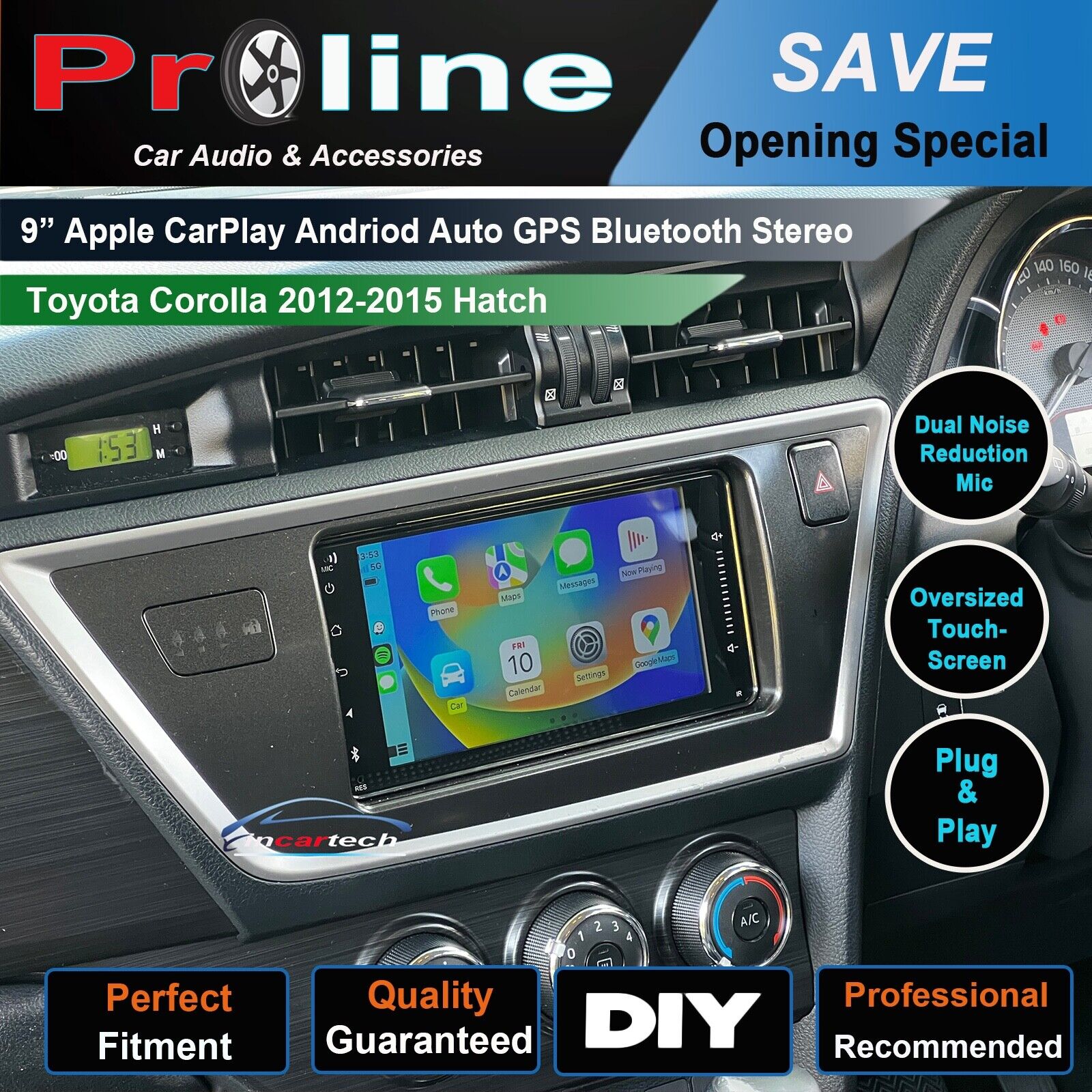 9-inch Apple CarPlay Android Auto GPS Bluetooth Stereo marketed for Toyota Corolla 2012-2015 Hatch, featuring dual noise reduction mic, oversized touch screen, and plug & play installation.