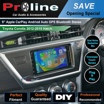 9-inch Apple CarPlay Android Auto GPS Bluetooth Stereo marketed for Toyota Corolla 2012-2015 Hatch, featuring dual noise reduction mic, oversized touch screen, and plug & play installation.