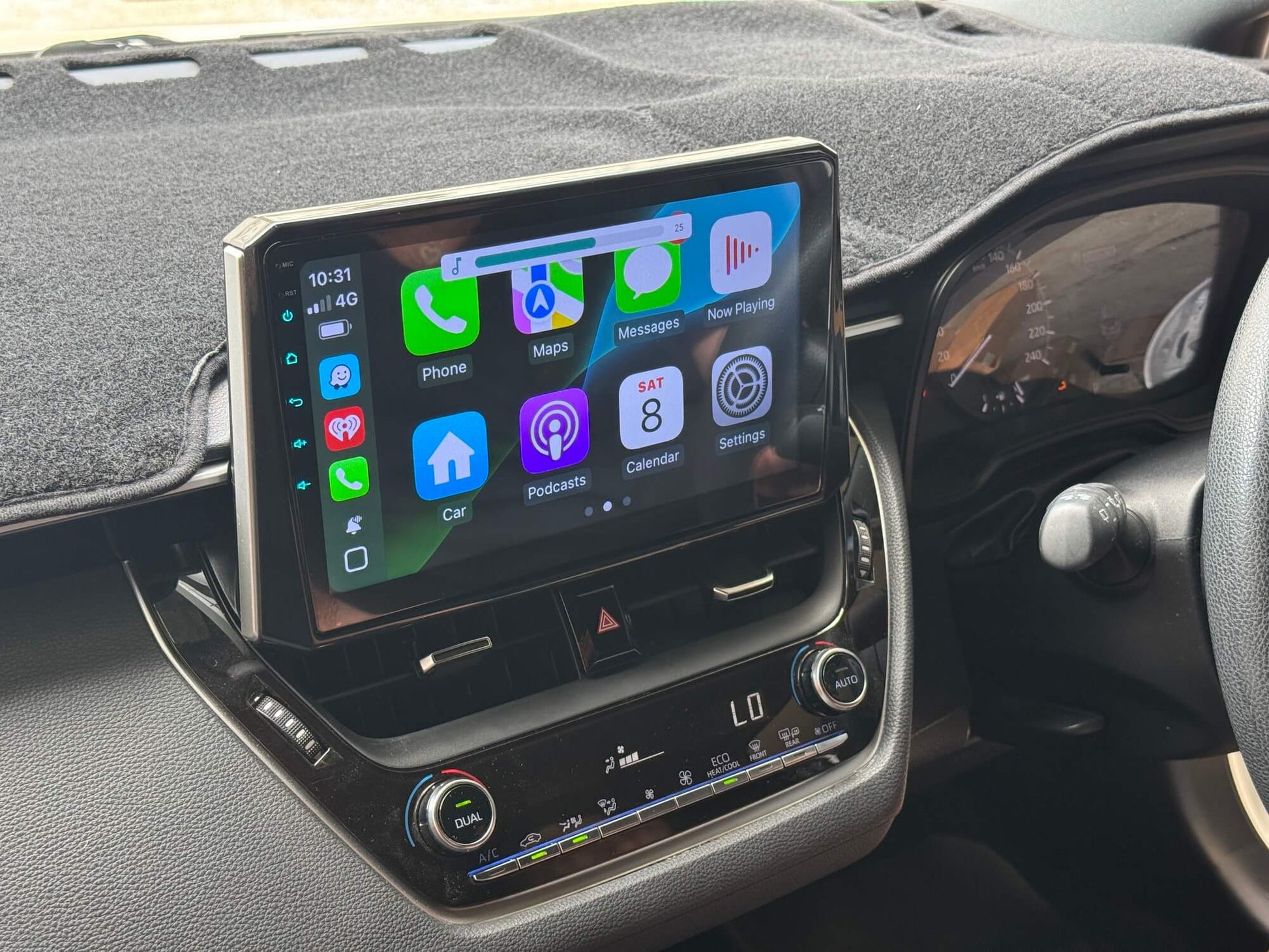 A 9-inch GPS wireless Apple CarPlay Android Auto stereo radio installed in a vehicle's dashboard.