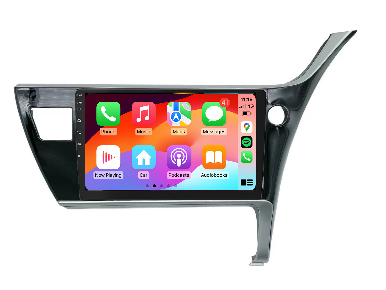 A 10-inch wireless car stereo with a touchscreen interface displaying Apple CarPlay and Android Auto icons, suitable for Toyota Corolla Sedan models 2017-2019.