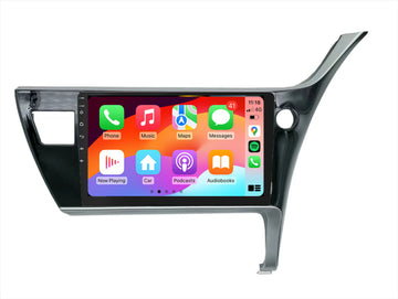 A 10-inch wireless car stereo with a touchscreen interface displaying Apple CarPlay and Android Auto icons, suitable for Toyota Corolla Sedan models 2017-2019.