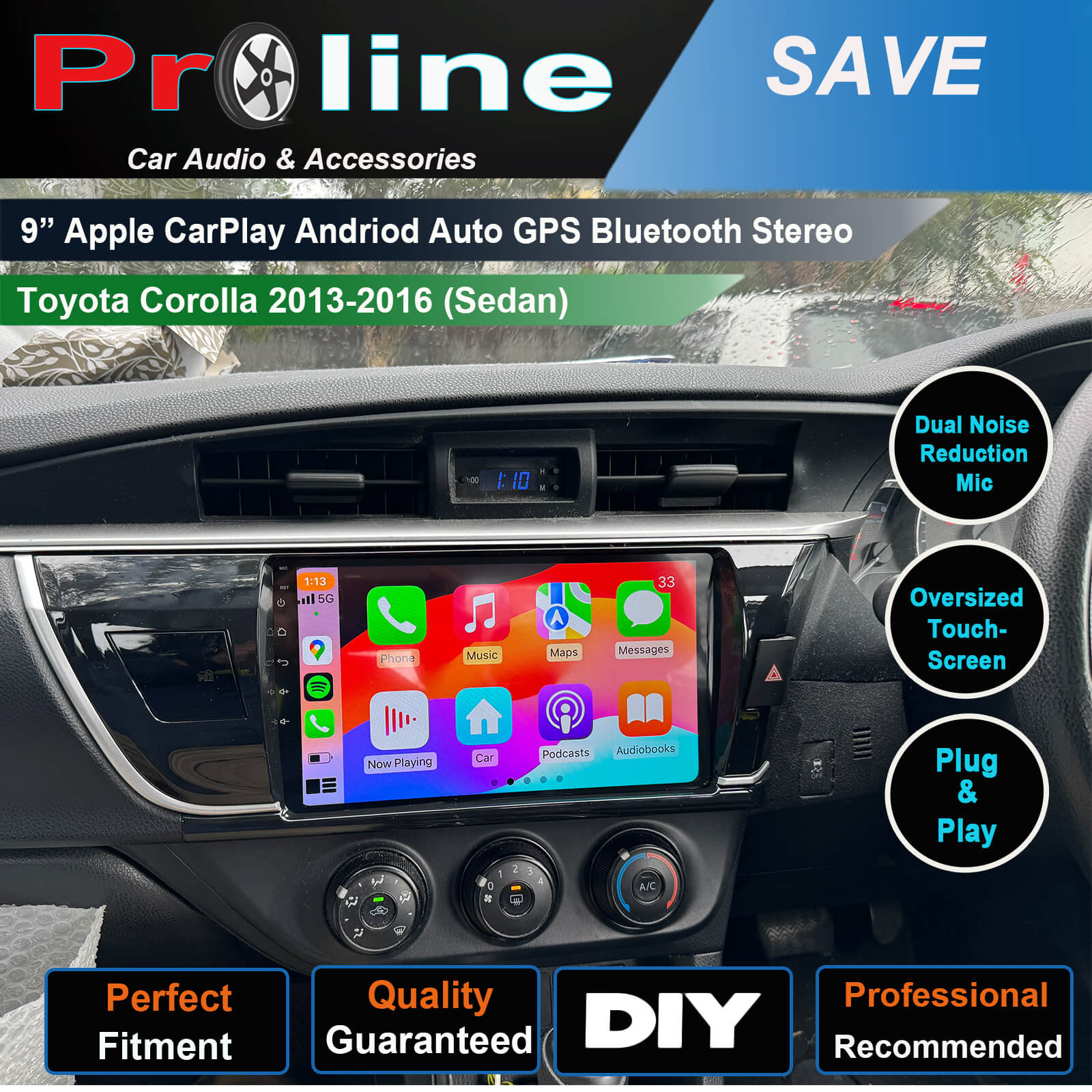 9-inch Apple CarPlay Android Auto GPS Bluetooth Stereo for Toyota Corolla 2013-2016 (Sedan), with icons indicating key features such as dual noise reduction, oversized touch screen, and plug & play installation.