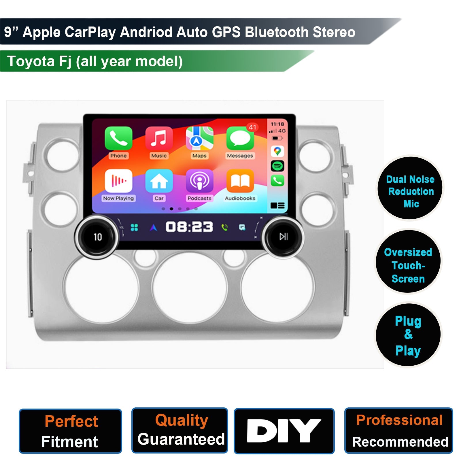 9-inch car multimedia player with Apple CarPlay and Android Auto compatibility, featuring dual noise reduction microphones, touchscreen, and buttons for control.