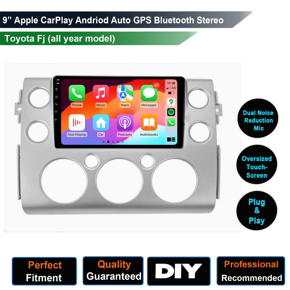 9-inch car multimedia player with Apple CarPlay and Android Auto compatibility, featuring Bluetooth and GPS, designed for Toyota FJ Cruiser.