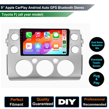 9-inch car multimedia player with Apple CarPlay and Android Auto compatibility, featuring Bluetooth and GPS, designed for Toyota FJ Cruiser.