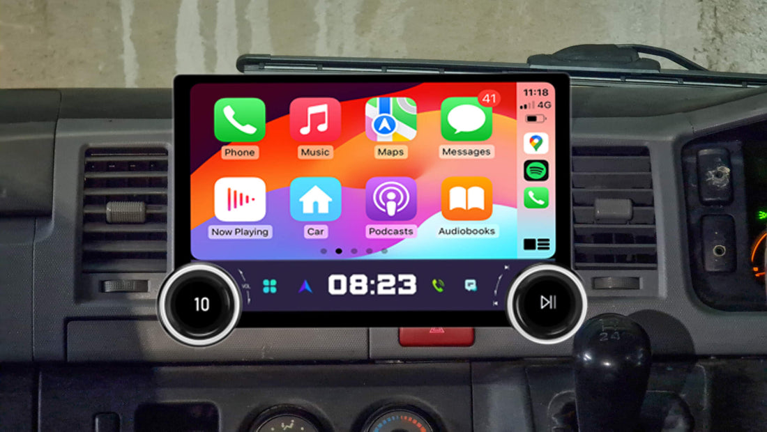 An aftermarket touch screen car stereo system displayed inside a vehicle's dashboard, featuring icons for Apple Carplay and Android Auto functions.