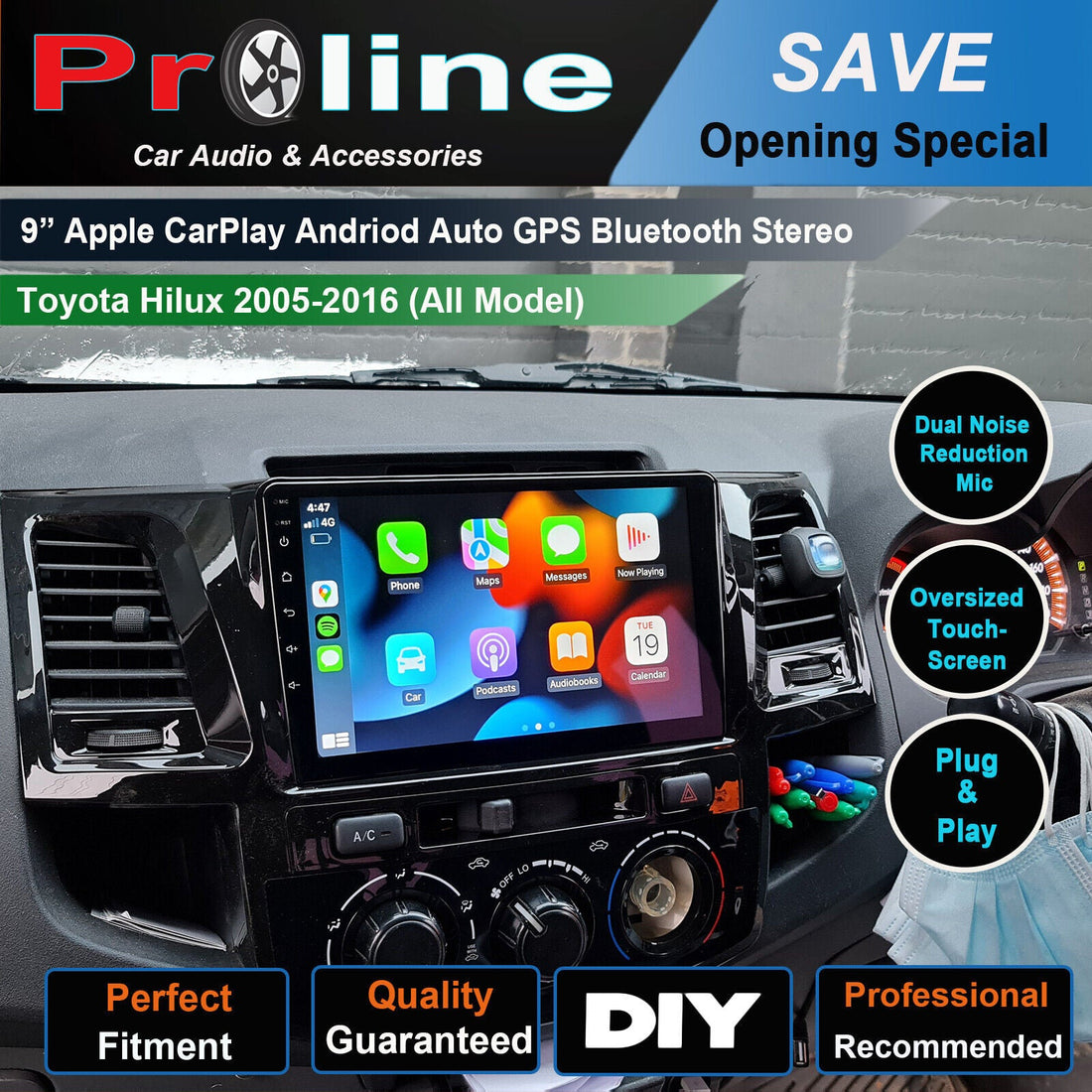 9-inch or 10 inch Apple CarPlay Android Auto GPS Bluetooth Stereo marketed for Toyota Hilux 2005-2016, with icons indicating key features such as dual noise reduction mic, oversized touch screen, and plug & play installation.