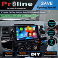 9-inch or 10 inch Apple CarPlay Android Auto GPS Bluetooth Stereo marketed for Toyota Hilux 2005-2016, with icons indicating key features such as dual noise reduction mic, oversized touch screen, and plug & play installation.
