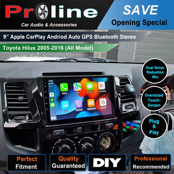 9-inch or 10 inch Apple CarPlay Android Auto GPS Bluetooth Stereo marketed for Toyota Hilux 2005-2016, with icons indicating key features such as dual noise reduction mic, oversized touch screen, and plug & play installation.