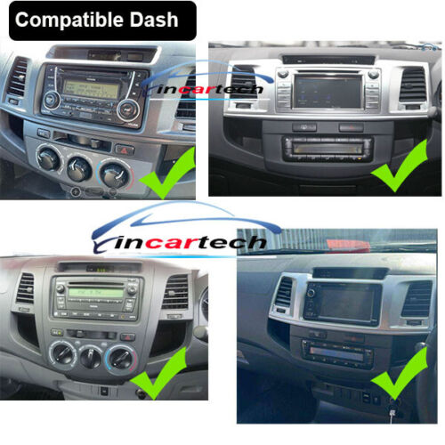 9-inch or 10 inch Apple CarPlay Android Auto GPS Bluetooth Stereo marketed for Toyota Hilux 2005-2016, with icons indicating key features such as dual noise reduction mic, oversized touch screen, and plug & play installation.