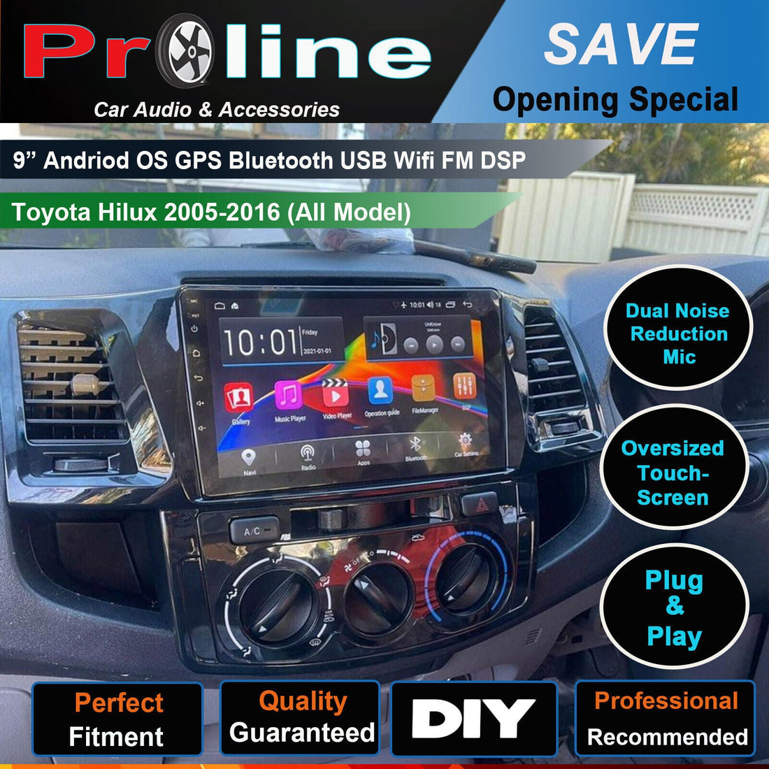 9-inch or 10 inch Android OS GPS Bluetooth WiFi FM DSP Stereo for Toyota Hilux 2005-2016, with dual noise reduction mic, oversized touch screen, and plug & play installation.
