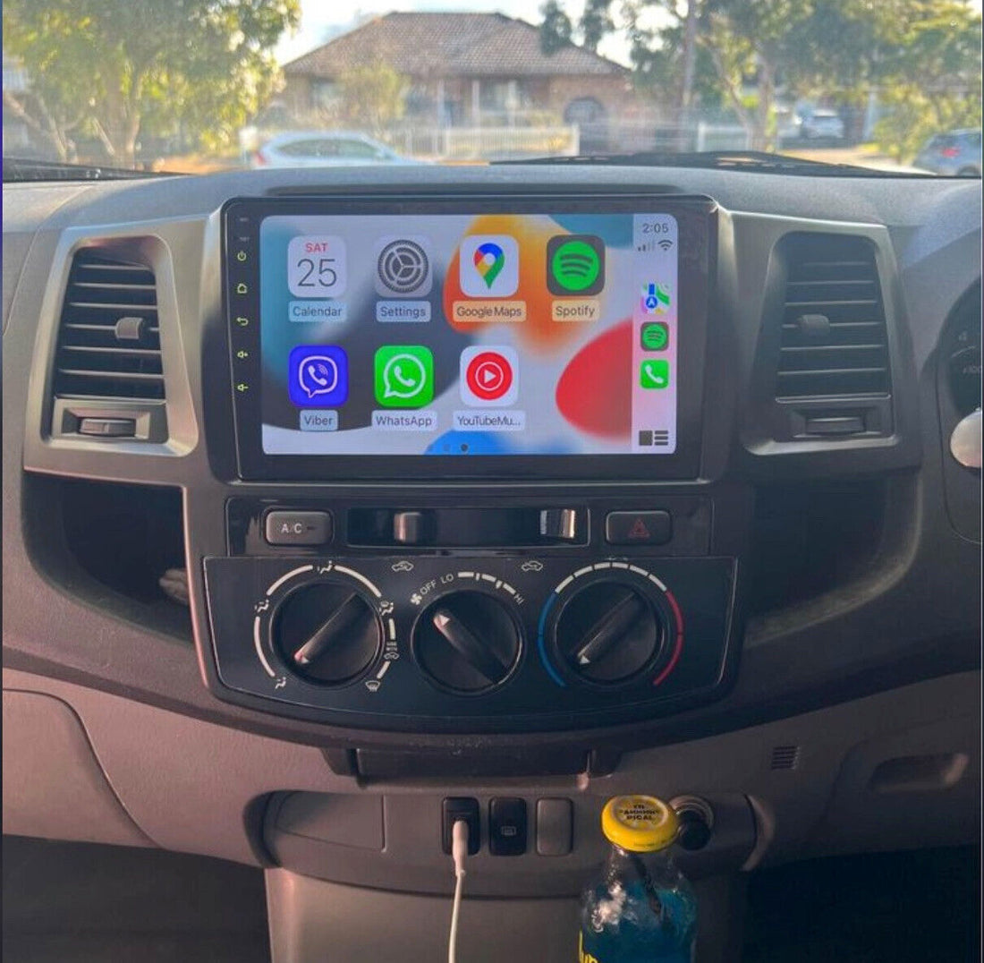 9-inch or 10 inch Android OS GPS Bluetooth WiFi FM DSP Stereo for Toyota Hilux 2005-2016, with dual noise reduction mic, oversized touch screen, and plug & play installation.