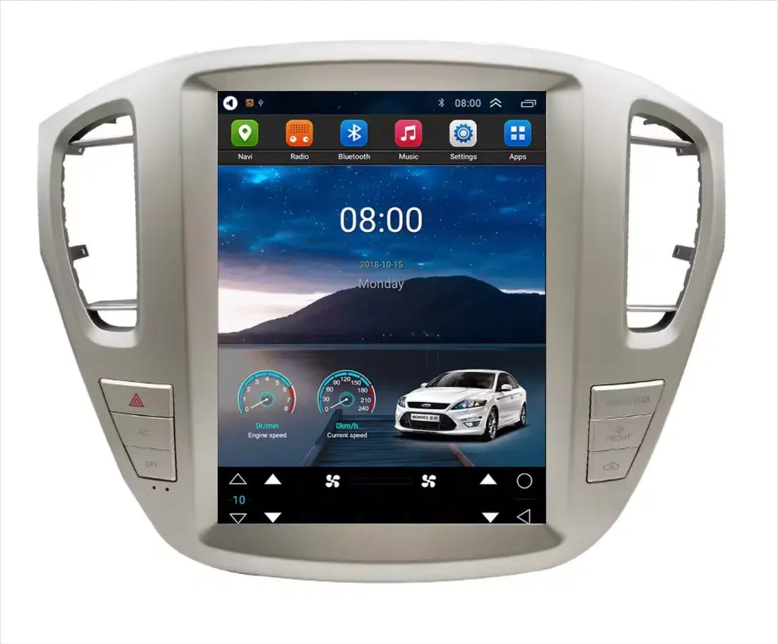 A 9.7-inch vertical screen GPS wireless stereo radio installed in a vehicle's dashboard, displaying a interface with various app icons and a search bar.