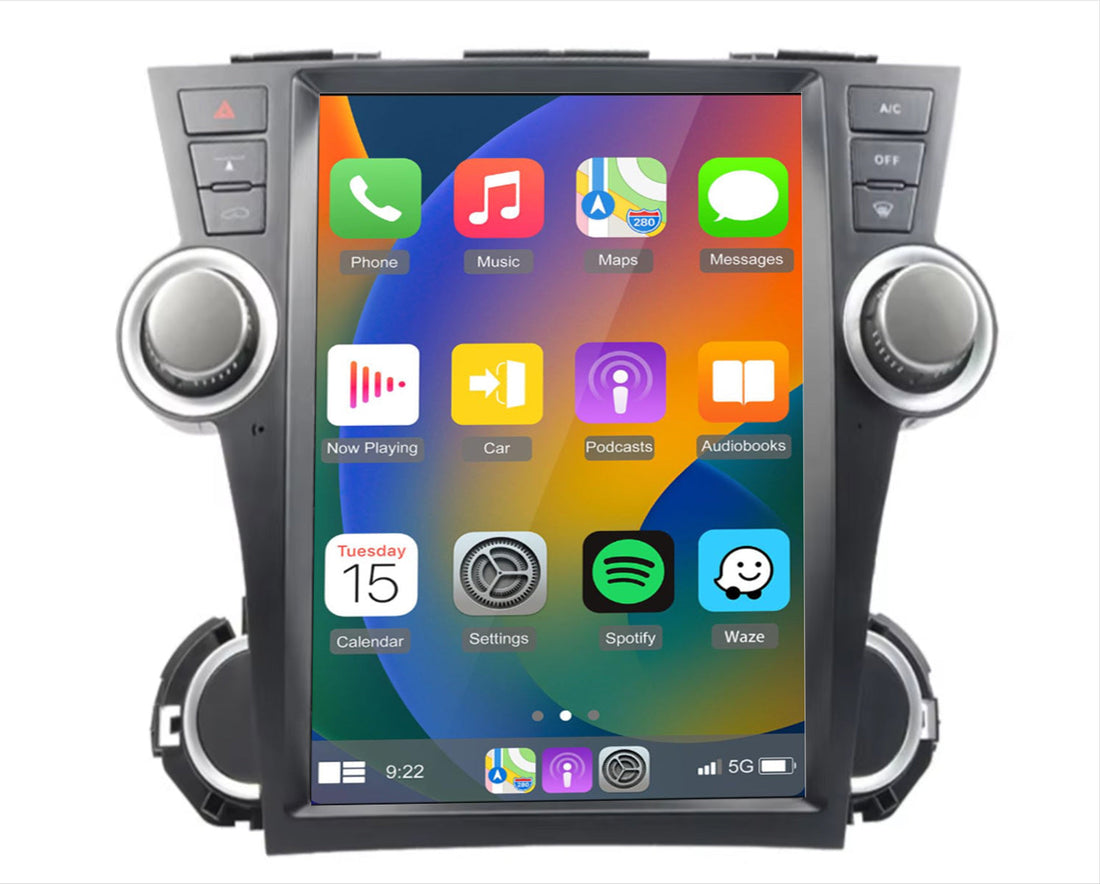 A 12.1-inch touchscreen car stereo radio interface with a steering wheel control interface, marked with a touchscreen displaying various app icons, and two large knobs on the sides.
