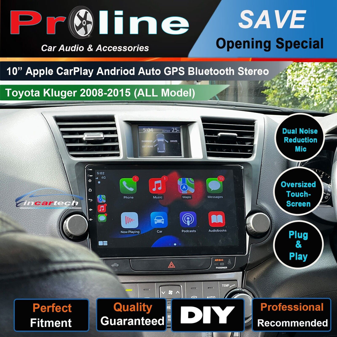 10-inch Apple CarPlay Android Auto GPS Bluetooth Stereo for Toyota Kluger 2008-2015, featuring dual noise reduction mic, oversized touch screen, and plug & play installation.