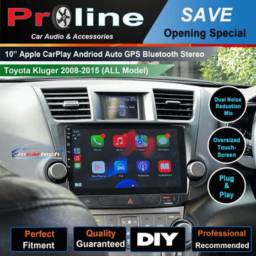 10-inch Apple CarPlay Android Auto GPS Bluetooth Stereo for Toyota Kluger 2008-2015, featuring dual noise reduction mic, oversized touch screen, and plug & play installation.