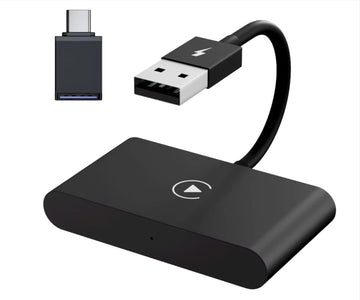 A black wireless CarPlay adaptor with a USB connector cable and a USB to USB C adapter.