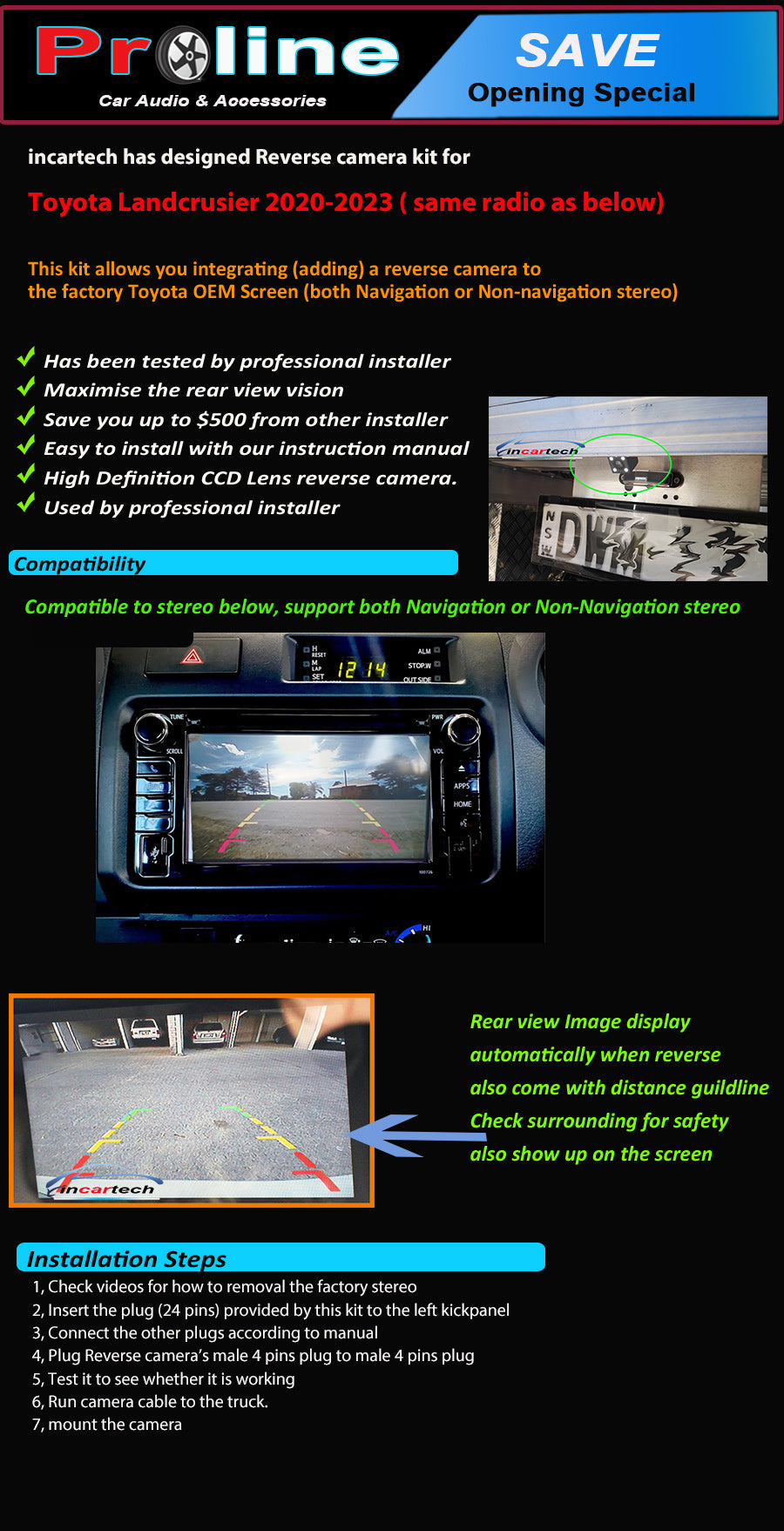 A Toyota Land Cruiser vehicle's interior showing the rear view camera display on the touchscreen monitor.