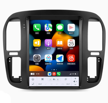 A 12.1-inch touchscreen car stereo headunit designed for Toyota Land Cruiser models from 1999 to 2006, featuring a modern interface with Apple CarPlay and Android Auto integration.