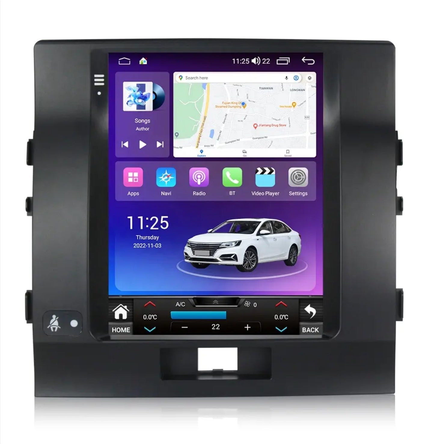 A 9.7-inch vertical screen car GPS unit with a modern interface displaying a map and vehicle controls.