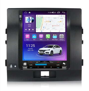 A 9.7-inch vertical screen car GPS unit with a modern interface displaying a map and vehicle controls.