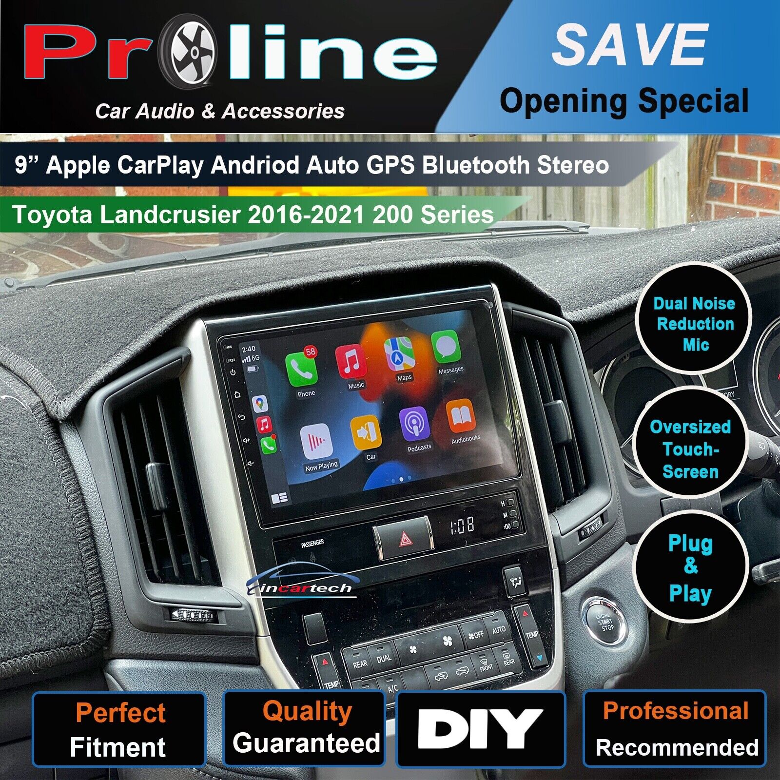 9-inch Apple CarPlay Android Auto GPS Stereo for Toyota Landcruiser 2016-2021 200 Series, featuring dual noise reduction mic, oversized touch screen, and plug & play installation.