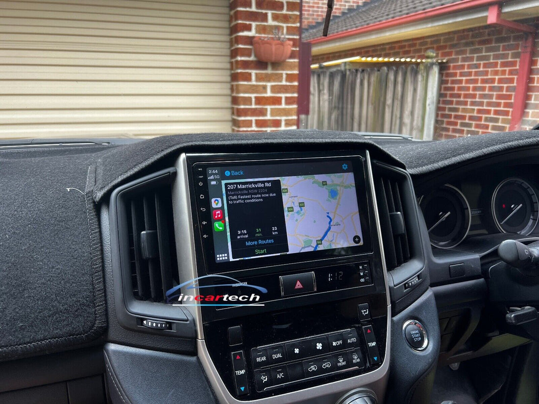 9-inch Apple CarPlay Android Auto GPS Stereo for Toyota Landcruiser 2016-2021 200 Series, featuring dual noise reduction mic, oversized touch screen, and plug & play installation.