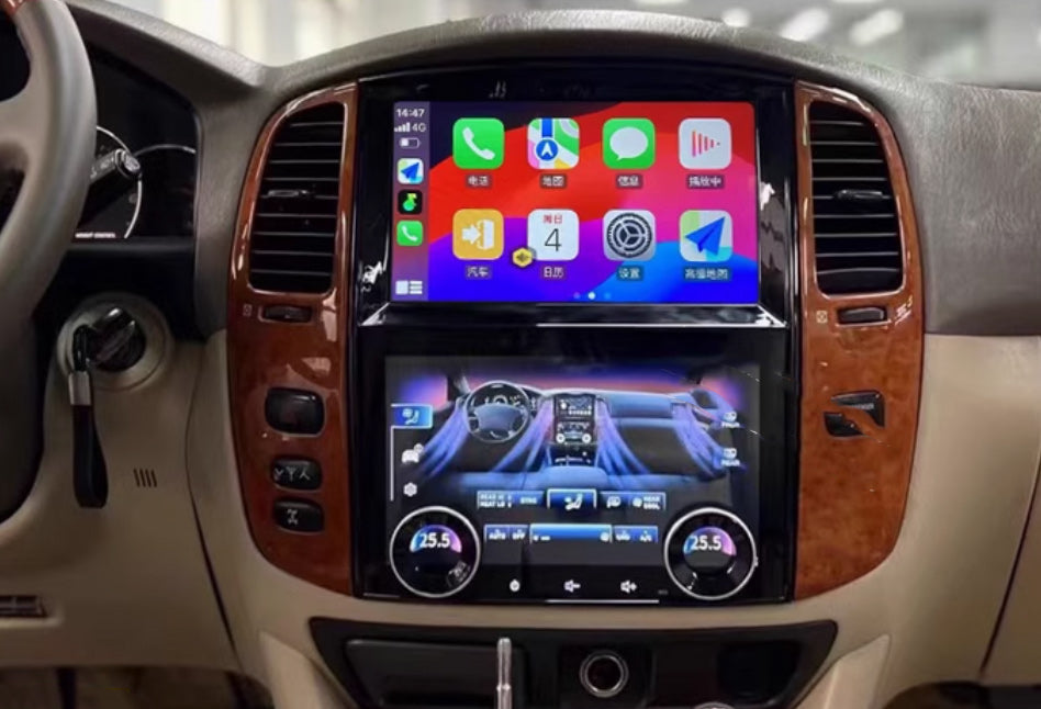 A 15.8-inch touchscreen car stereo system installed in the center of a vehicle's dashboard, displaying a blue interface screen.