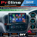 A Proline car audio and accessories advertisement for a 10-inch Apple CarPlay Android Auto GPS Bluetooth Stereo, showing it installed in a vehicle with text highlighting features such as dual noise reduction mic, oversized touch screen, and plug & play.