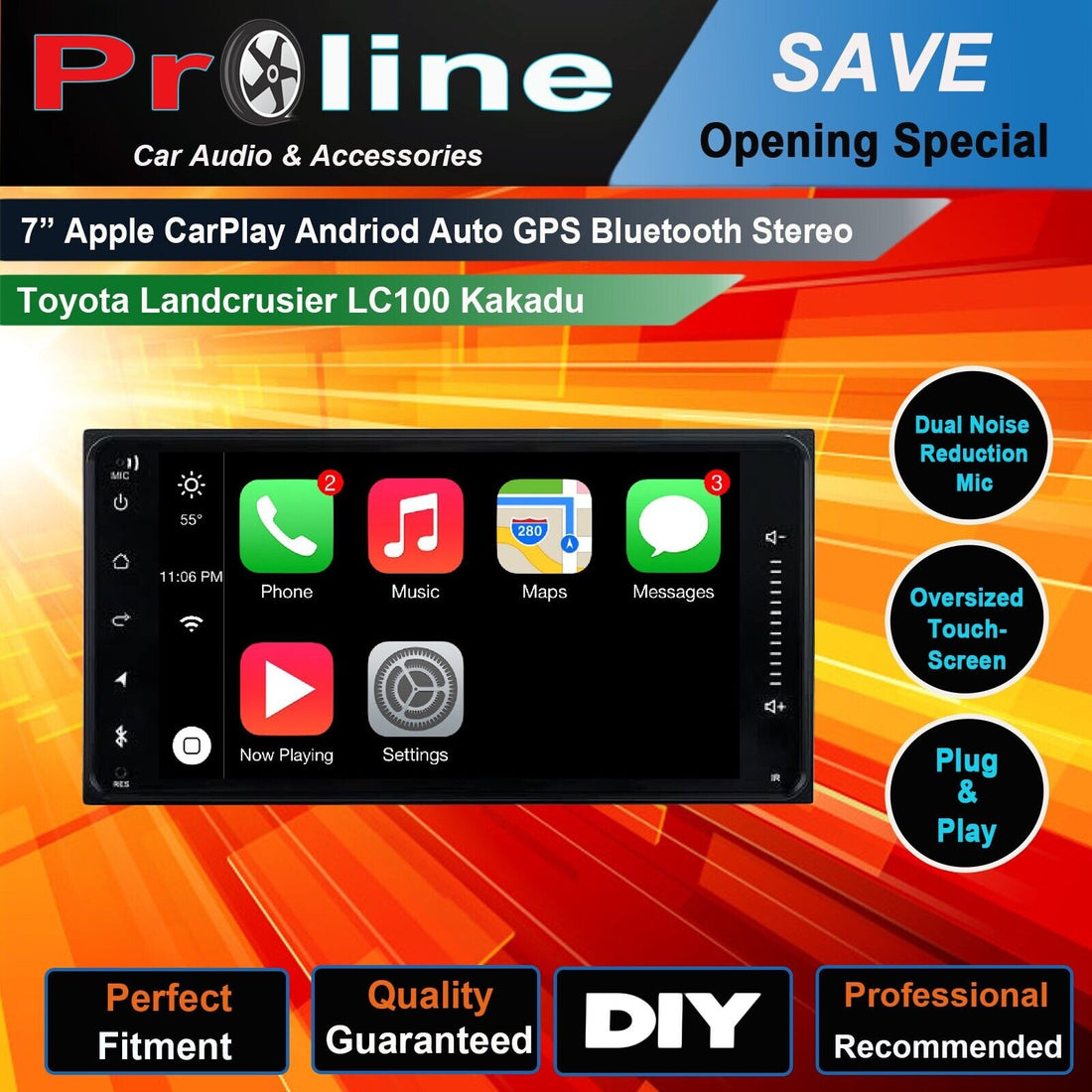 7-inch Apple CarPlay Android Auto GPS Bluetooth Stereo for Toyota Landcruiser LC100, with icons for Apple CarPlay and Android Auto features, and text highlighting dual noise reduction, oversized touch screen, and professional installation support.