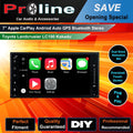 7-inch Apple CarPlay Android Auto GPS Bluetooth Stereo for Toyota Landcruiser LC100, with icons for Apple CarPlay and Android Auto features, and text highlighting dual noise reduction, oversized touch screen, and professional installation support.