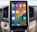 A 14.6 inch vertical screen GPS interface upgrade for Toyota Landcruiser displayed inside a vehicle's dashboard.