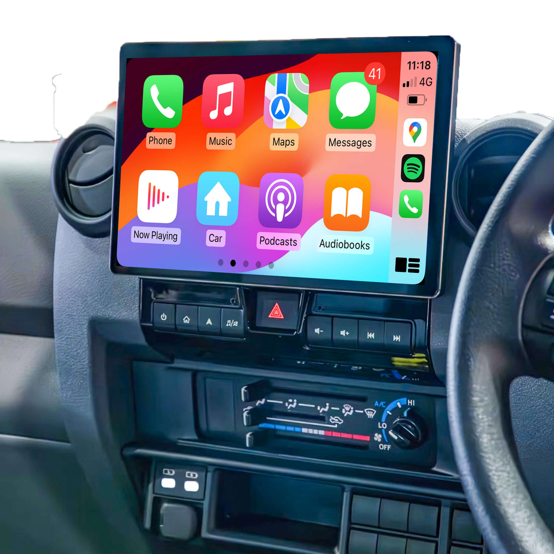 An 11.8-inch GPS infotainment system installed in a vehicle dashboard, featuring icons for Apple CarPlay and Android Auto functionalities.