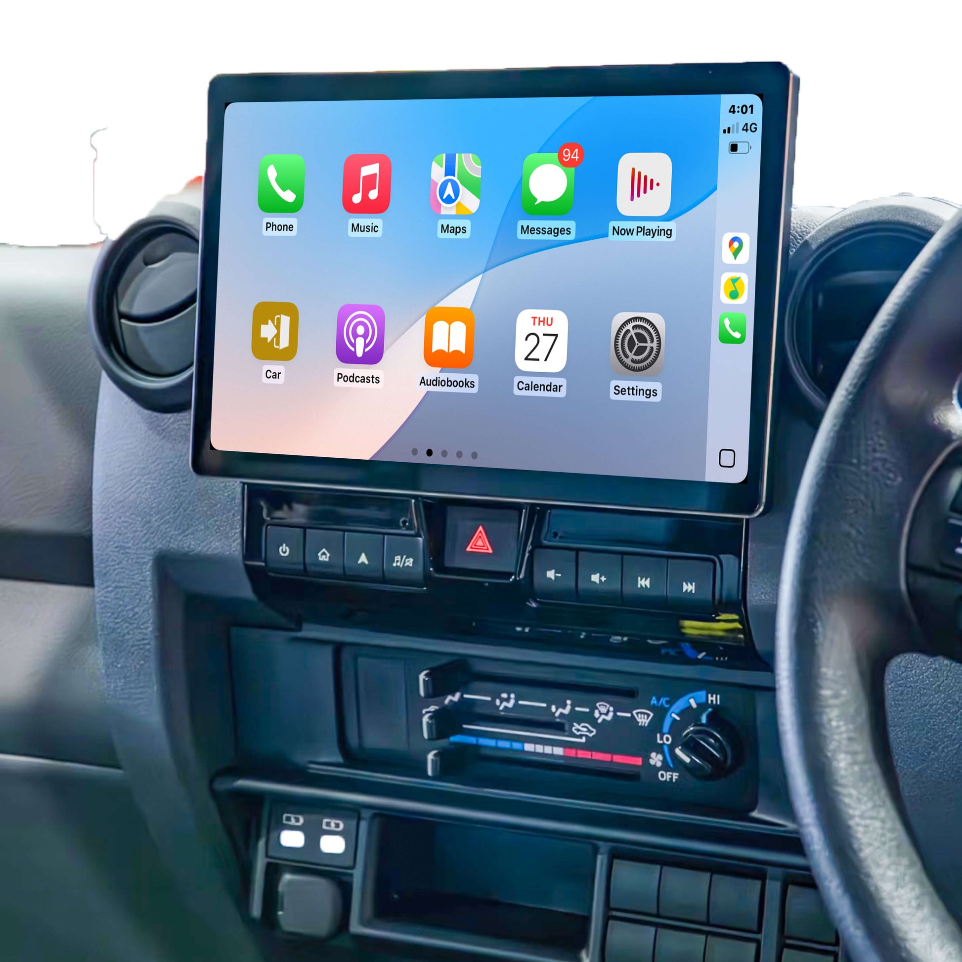 An 11.8-inch GPS infotainment system installed in a vehicle dashboard, featuring icons for Apple CarPlay and Android Auto functionalities.