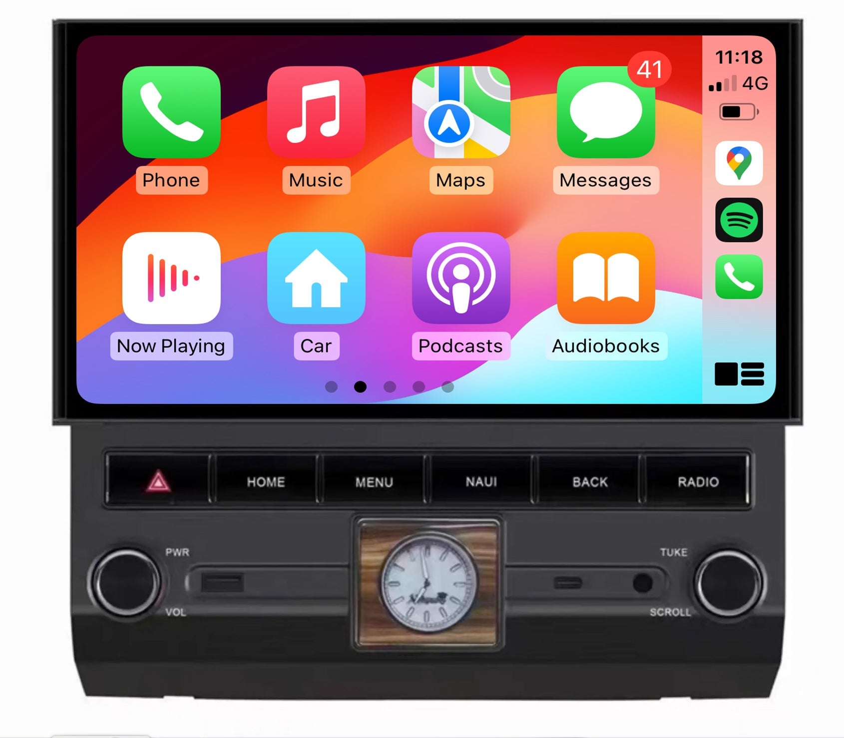 A 12.8 inch touchscreen car audio and GPS system interface, showing smartphone integration with Apple CarPlay and Android Auto icons, and a backup camera view with a clock in the center.