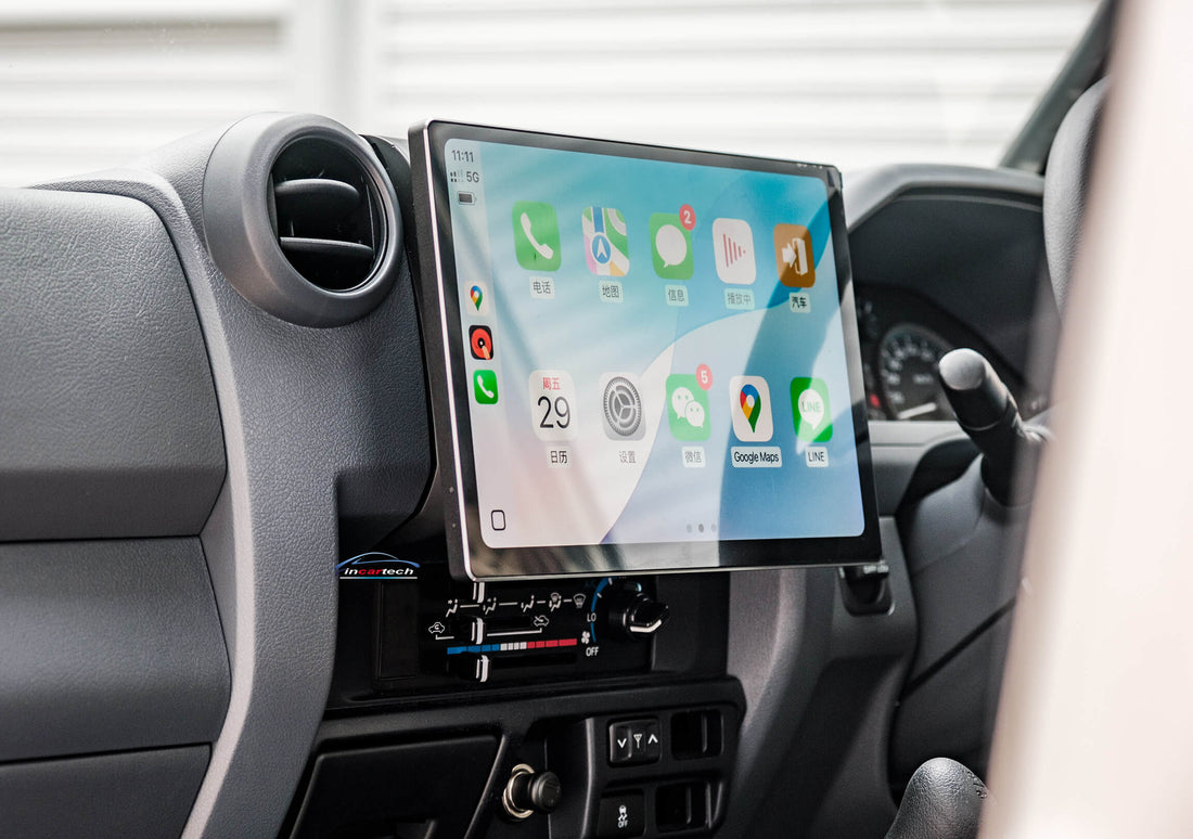 A 13.3 touchscreen GPS wireless car unit installed in a vehicle's dashboard, displaying a map and phone interface.
