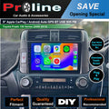 9-inch car audio touchscreen display for Toyota Prado 150 series, with icons for Apple CarPlay and Android Auto features, indicating compatibility with GPS, Bluetooth, and USB.