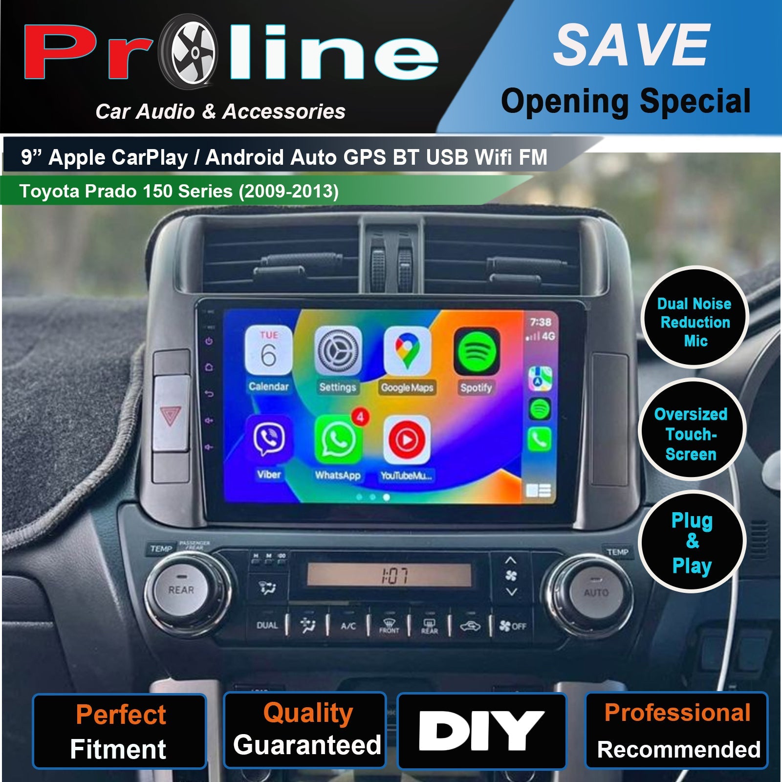 9-inch car audio touchscreen display for Toyota Prado 150 series, with icons for Apple CarPlay and Android Auto features, indicating compatibility with GPS, Bluetooth, and USB.